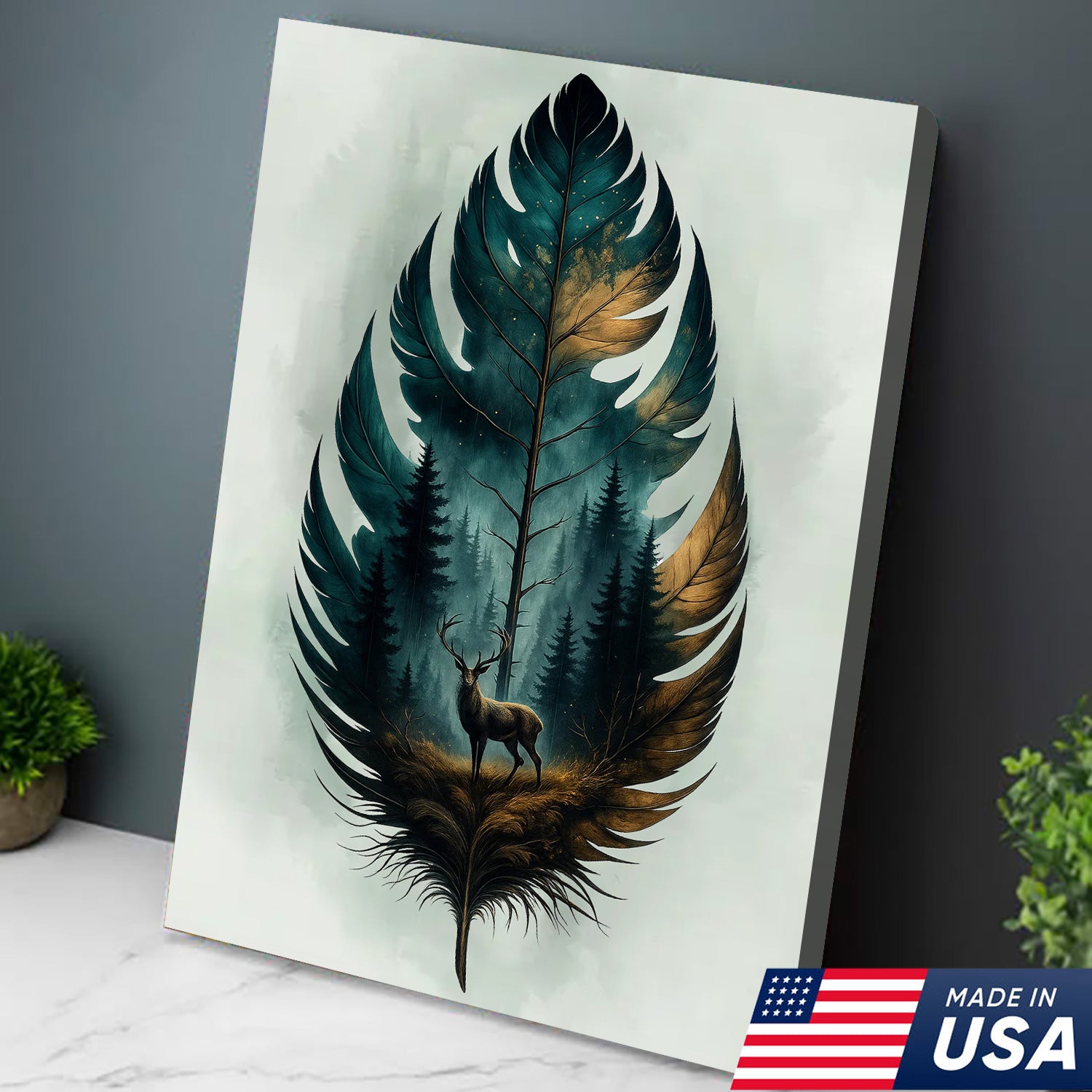 Rustic Deer And Feather Canvas Wall Art – Nature Forest Wildlife Print – Cabin & Lodge Hunting Decor