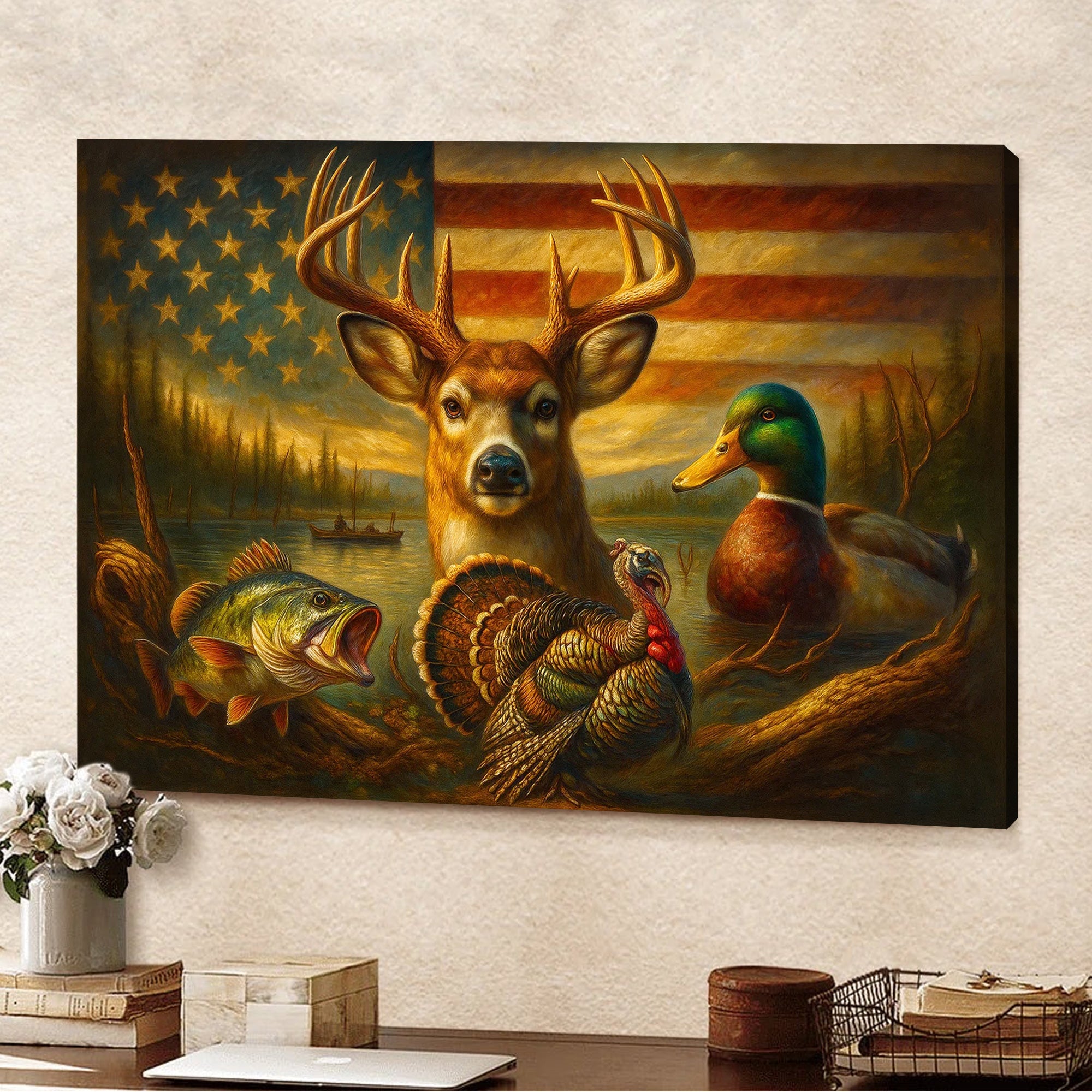 American Flag Hunting Canvas Wall Art – Whitetail Buck, Wild Turkey, Mallard Duck & Largemouth Bass – Patriotic Decor