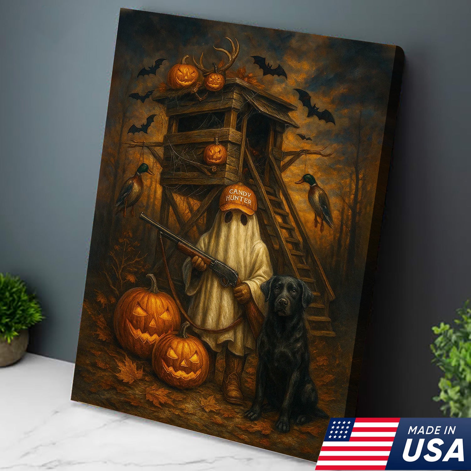 Halloween Canvas Wall Art – Ghost Hunter and Black Lab, Pumpkins, Bats and Ducks – Rustic Fall Farmhouse Hunting Decor