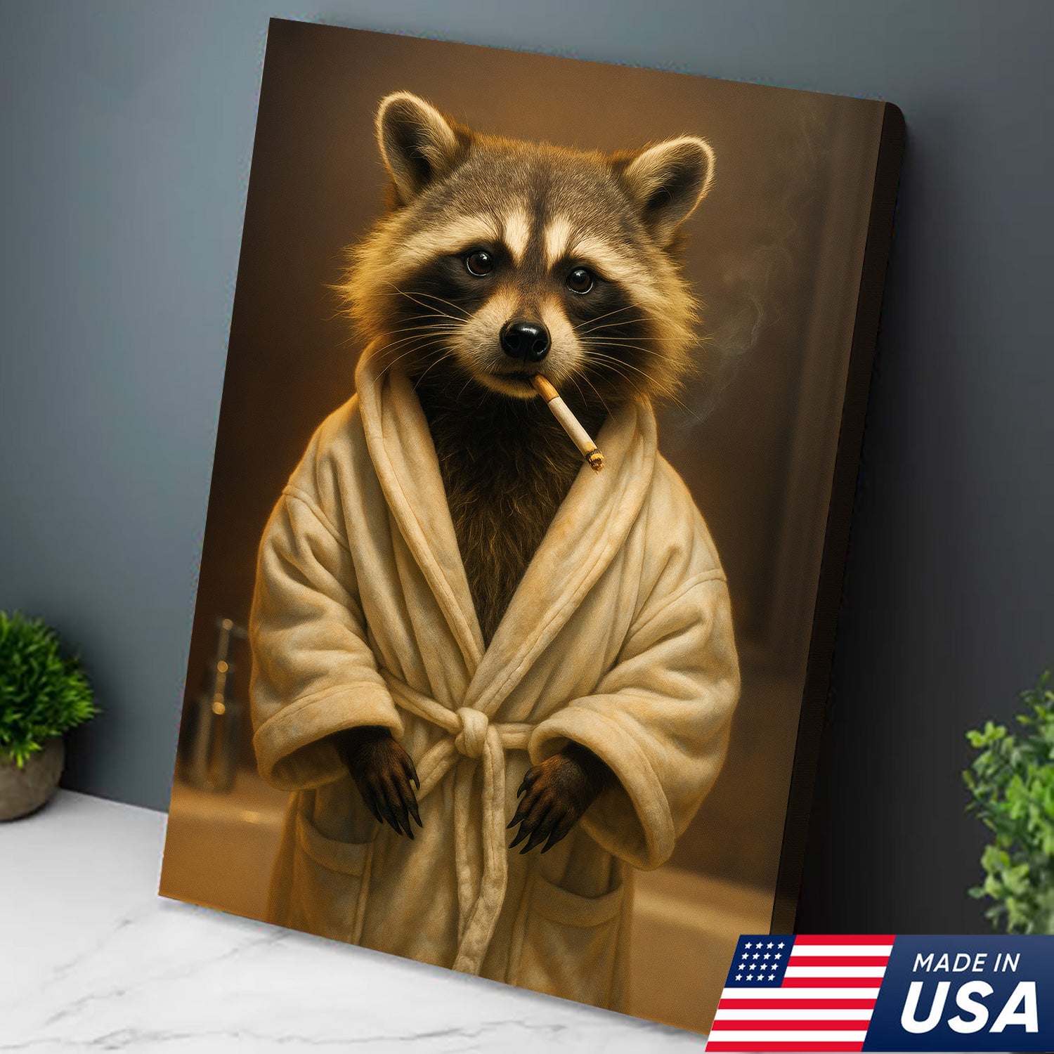Hilarious Raccoon Bathrobe Canvas – Cozy Bathroom Humor Wall Art, Man Cave Decor