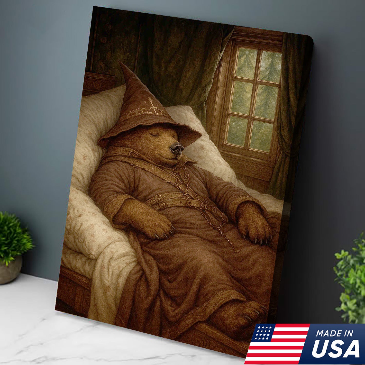 Sleeping Wizard Bear Canvas Wall Art, Cozy Fantasy Animal Poster