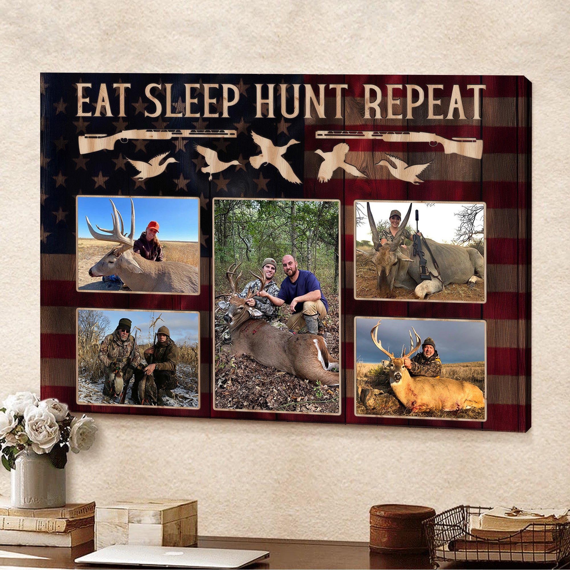 Personalized Eat Sleep Hunt Repeat Photo Collage Frame, Custom Hunting Gift for Dad, Husband & Hunters