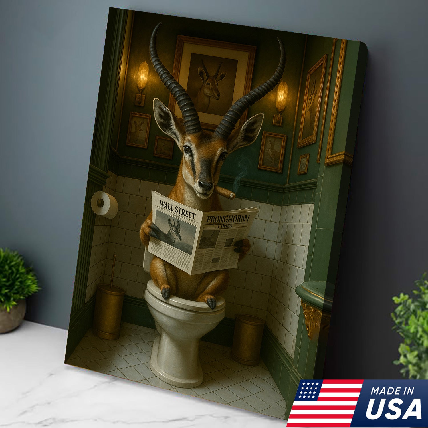 Funny Pronghorn Deer Wall Art – Hilarious Deer Hunting Bathroom Canvas for Hunters & Man Cave Decor