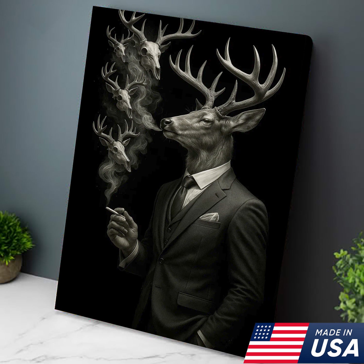 Gentleman Deer Canvas Wall Art, Elegant Buck in Suit Artwork, Rustic Cabin Decor for Hunters, Modern Wildlife Portrait Painting