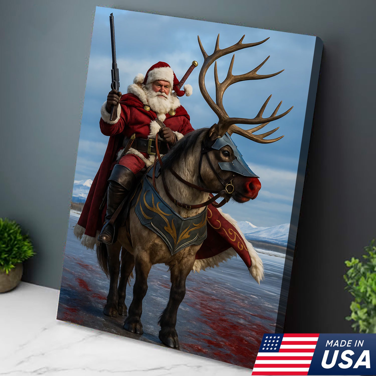Epic Santa Riding Reindeer Canvas Wall Art, Fantasy Warrior Santa on Armored Reindeer Poster, Winter Christmas Wall Decor Print