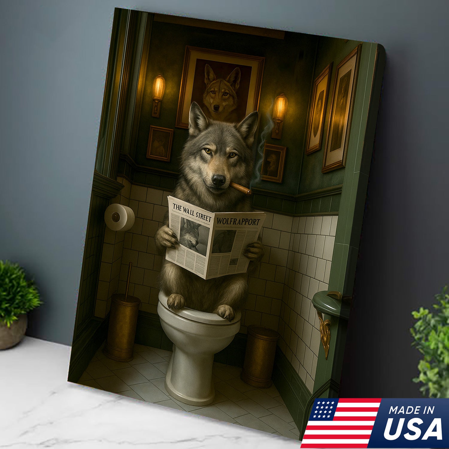 Funny Wolf Bathroom Wall Art – Rustic Hunting Cabin Toilet Humor Canvas, Man Cave Decor