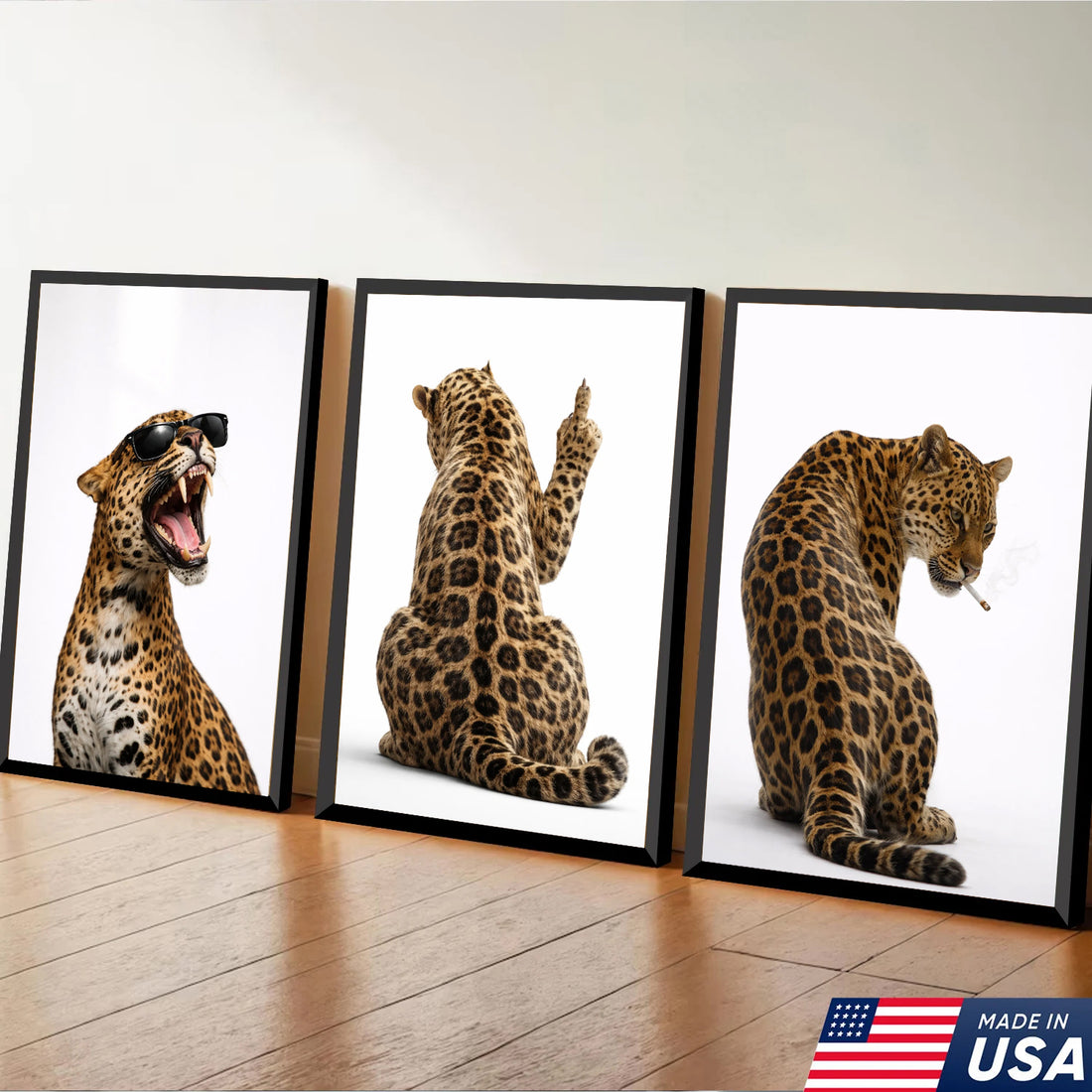 Funny Leopard Wall Art Canvas Set, Cool Animal Triptych Print
