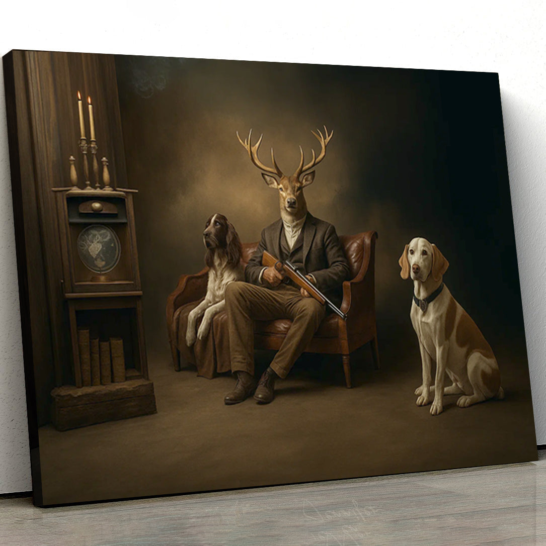 Deer Hunter Gentleman Canvas – Surreal Wall Art with Dogs for Cabin or Man Cave