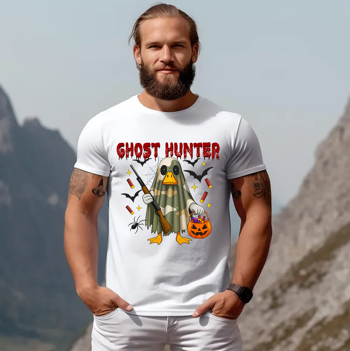 Spooky Duck Hunter T-Shirt – Camo Ghost with Pumpkin & Gun – Halloween Gift