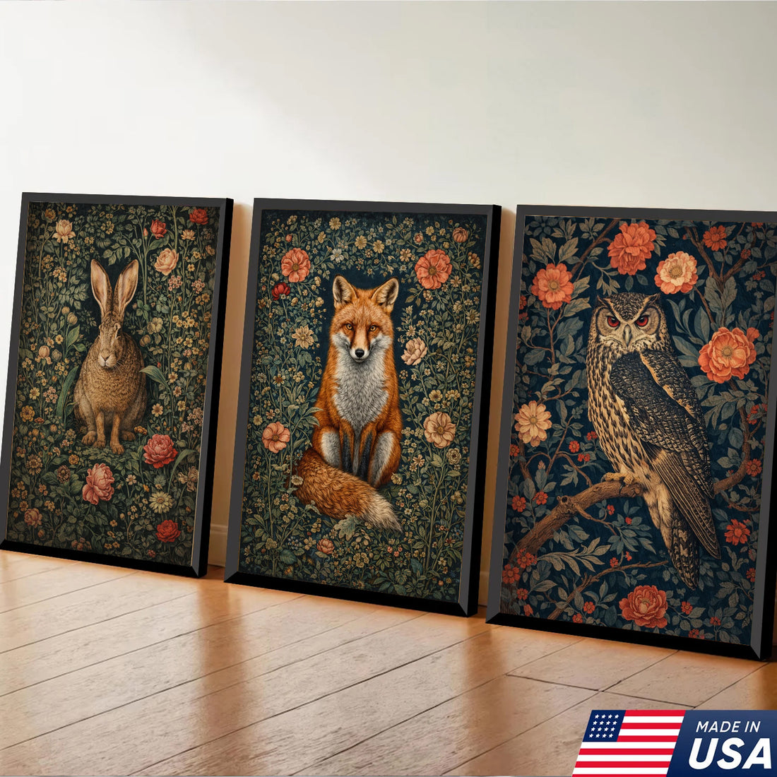 Woodland Floral Animals Triptych Canvas Wall Art Set, Vintage Botanical Rabbit Fox Owl Prints