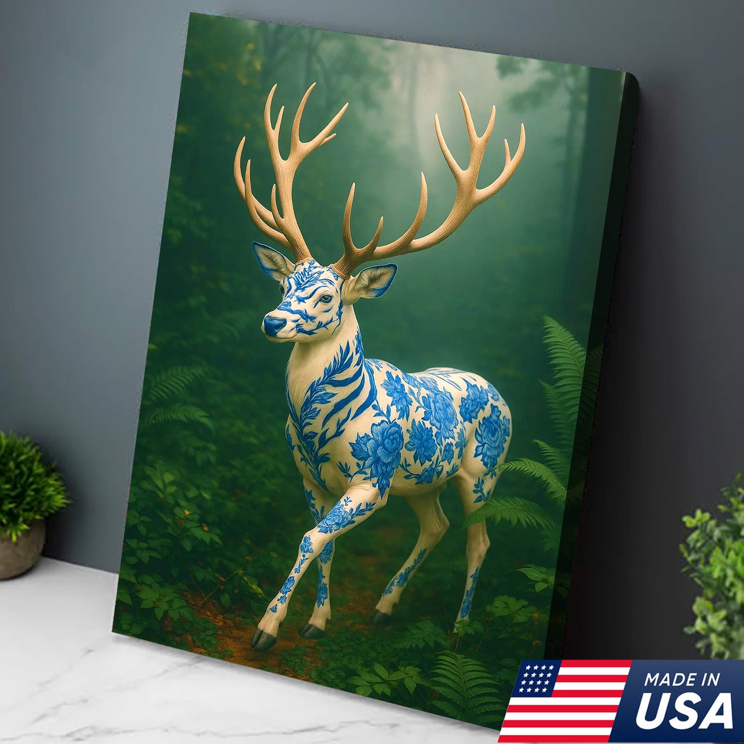 Blue Porcelain Deer Canvas, Elegant Woodland Art Print for Nature Lovers