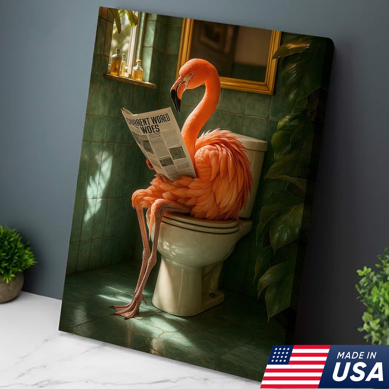Funny Flamingo Bathroom Canvas Wall Art – Quirky Bird Reading Newspaper Print – Humorous Home Decor