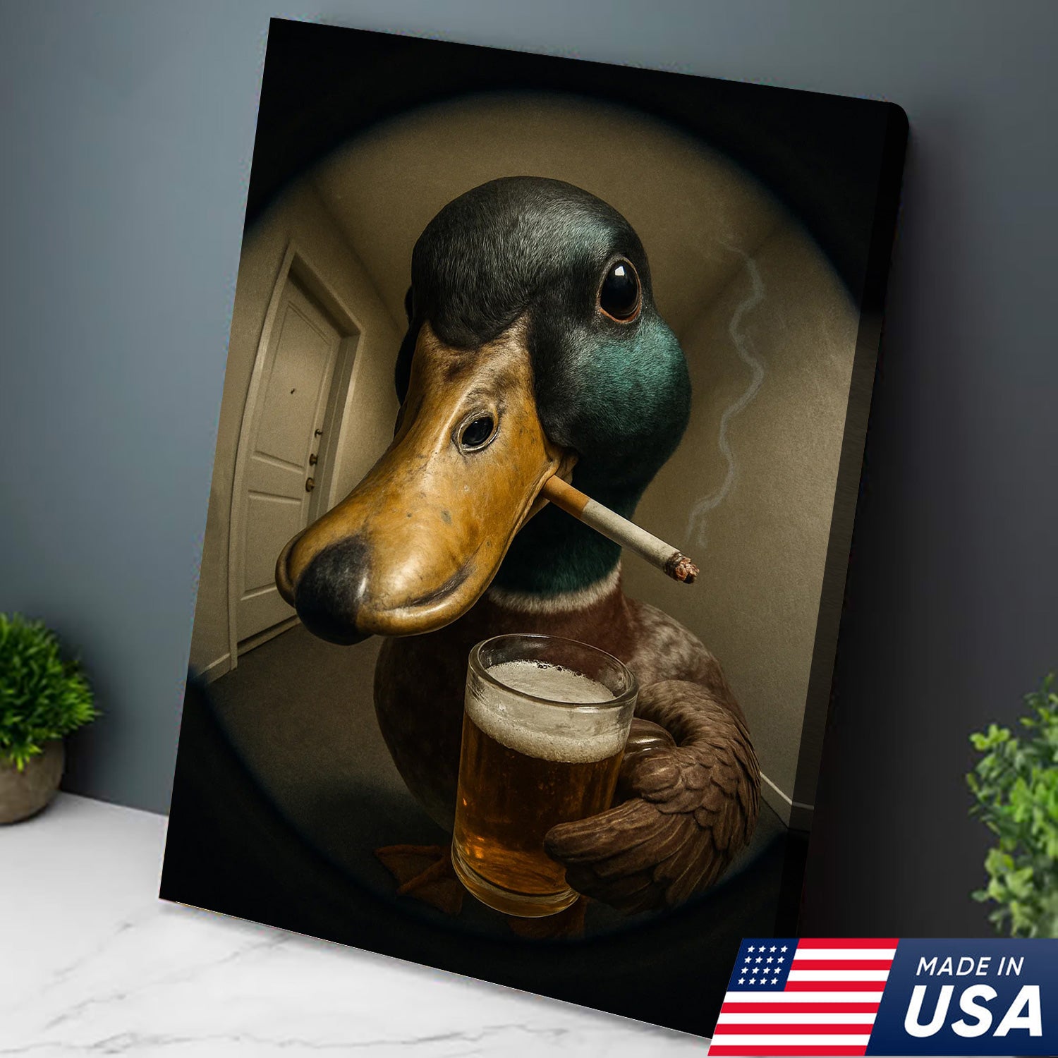 Mallard Duck Fisheye Canvas Wall Art – Funny Close-Up Door Peephole Portrait with Beer Glass– Quirky Duck Wall Decor