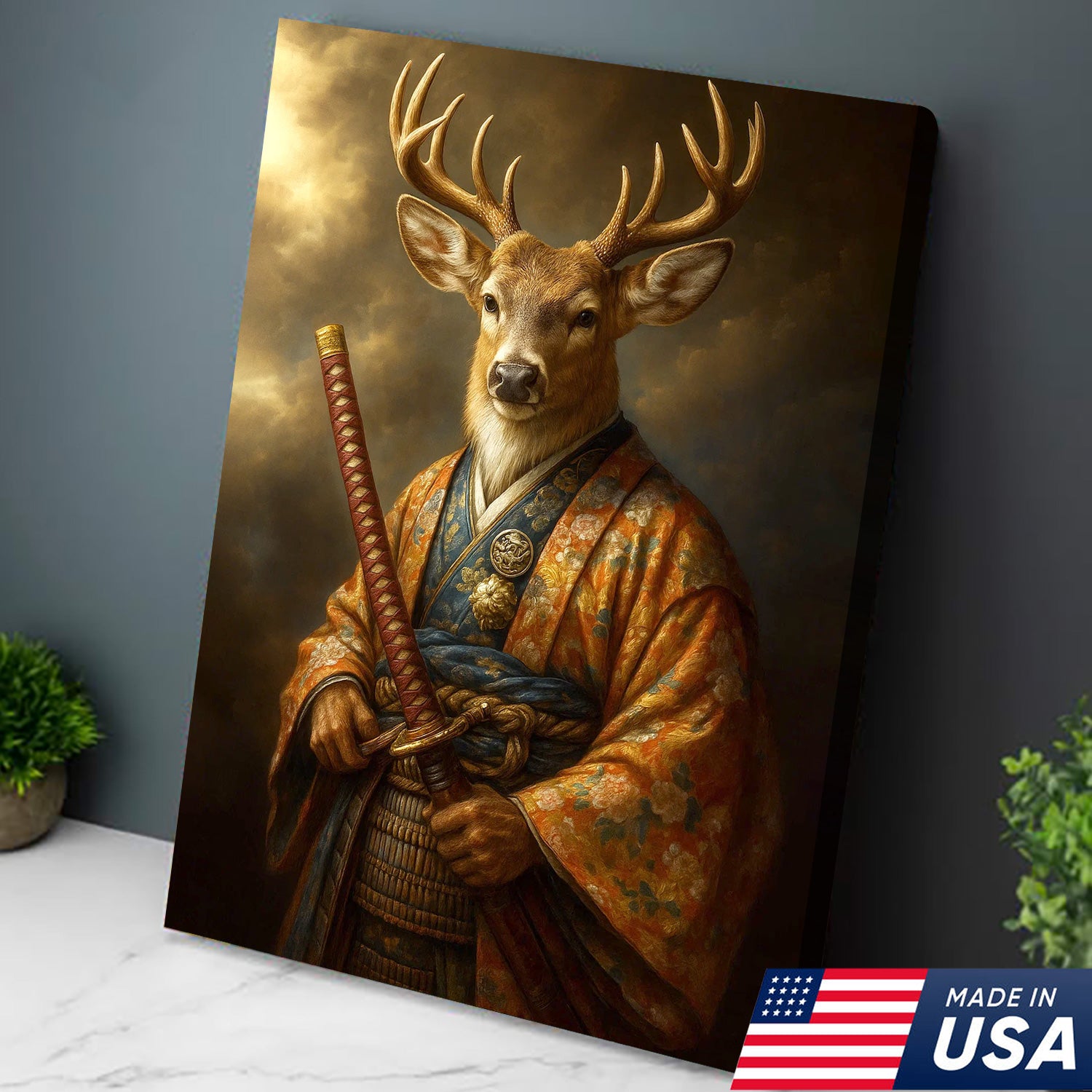 Deer Canvas Wall Art – Majestic Samurai Buck with Katana Warrior Rustic Lodge Decor