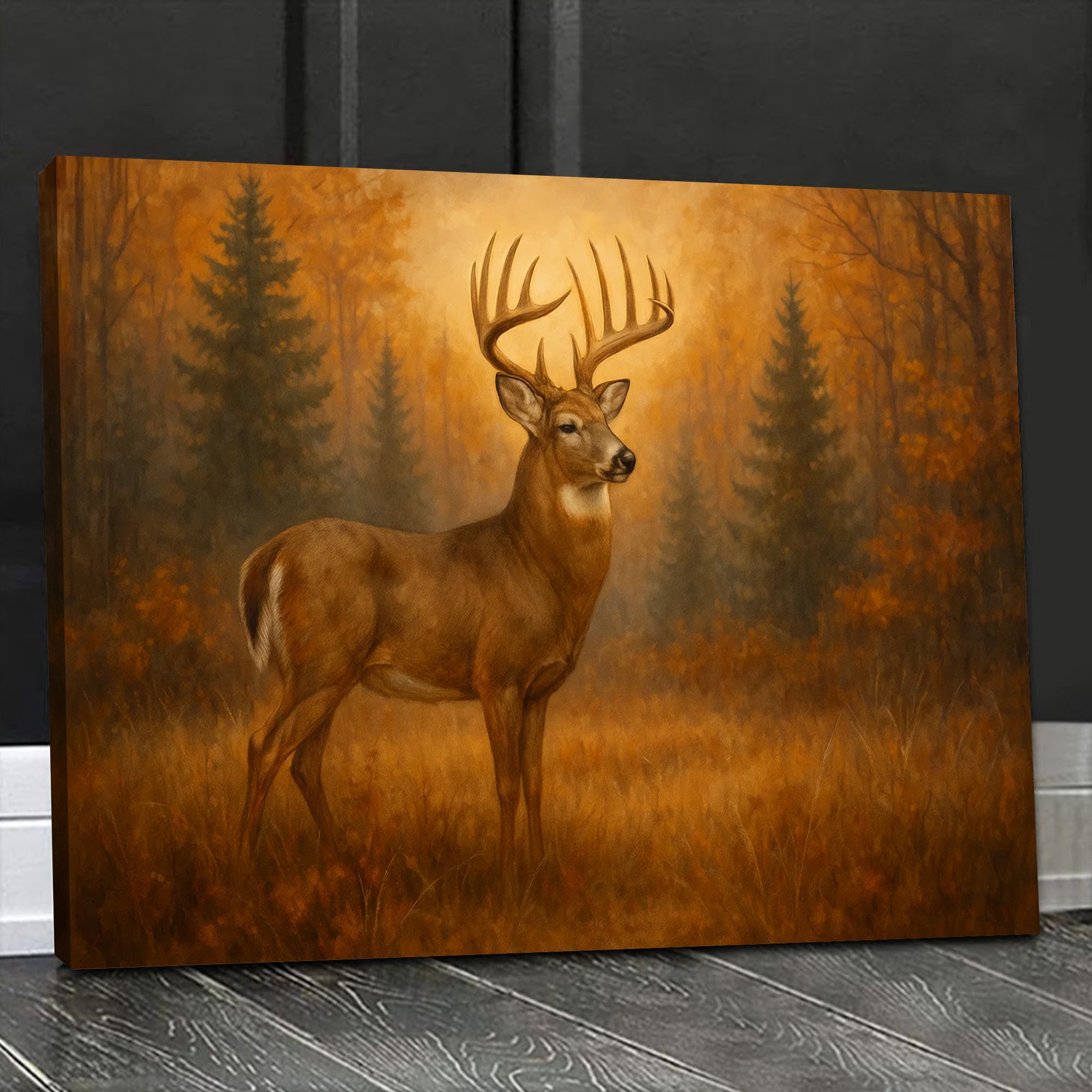 Deer In Autumn Forest Wall Art Canvas – Majestic Buck Hunting Cabin & Lodge Decor