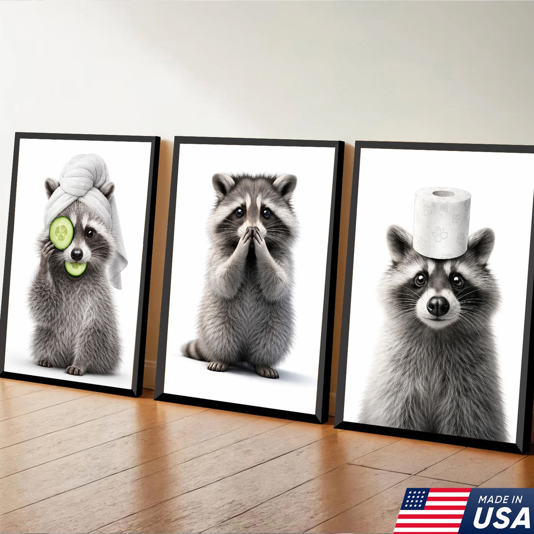 Funny Raccoon Wall Art Canvas Set, Cute Animal Bathroom Humor Triptych Print