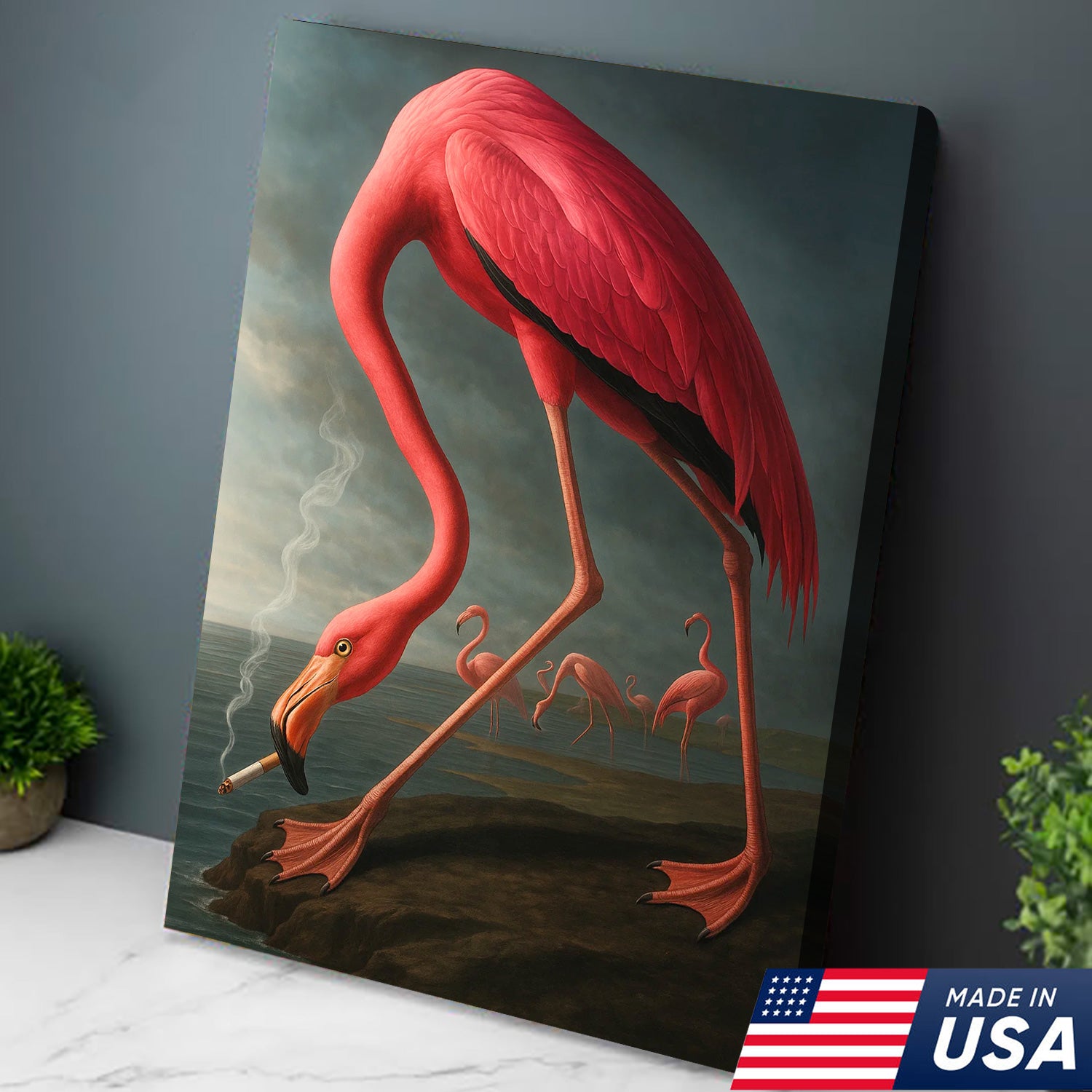 Cool Flamingo Canvas Wall Art – Funny Pink Bird Beach Decor – Unique Coastal Wildlife Print