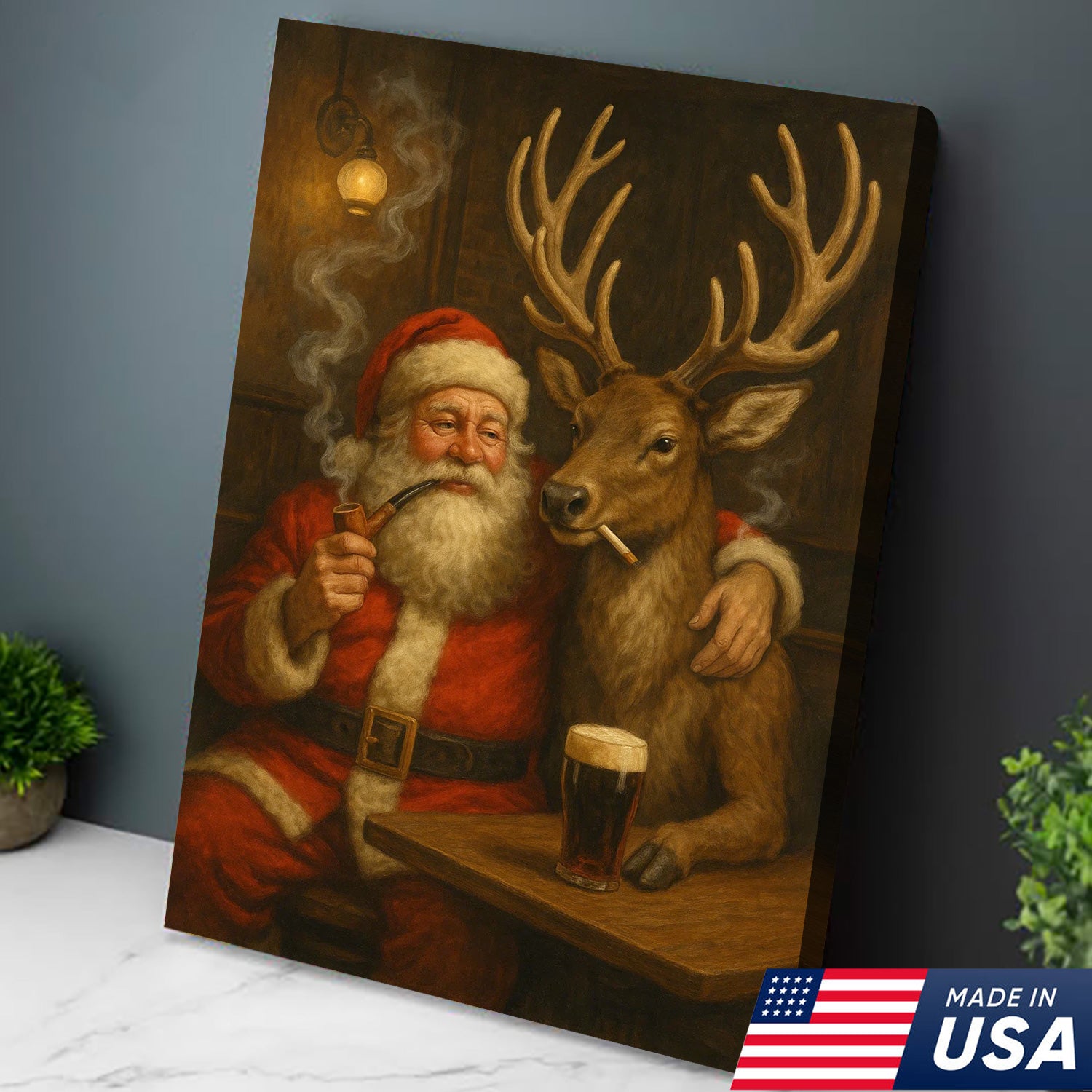 Funny Santa and Reindeer Wall Art Canvas – Rustic Christmas Lodge Decor – Holiday Deer Hunting Theme