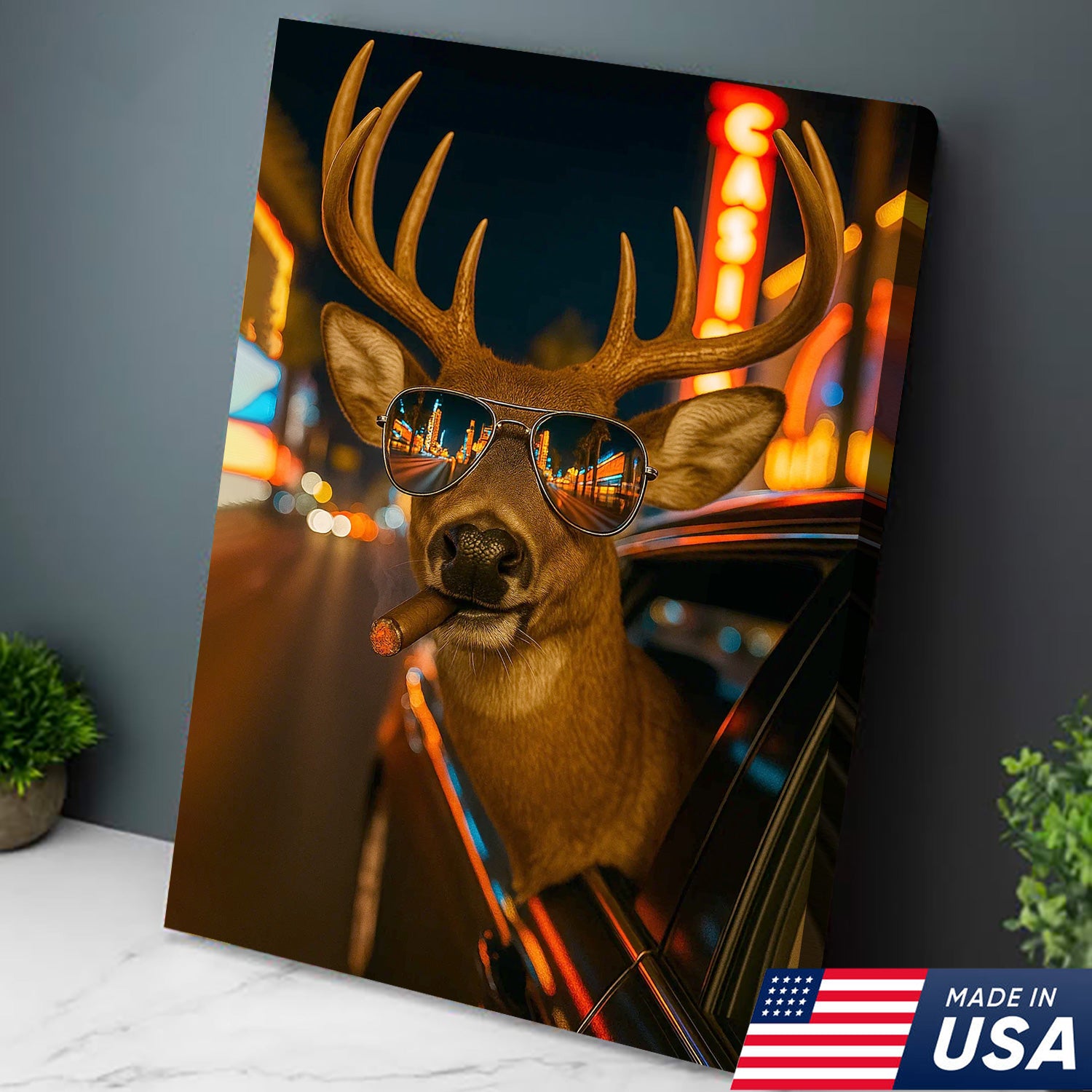 Cool Deer Canvas Wall Art - Funny Rustic Lodge Decor with Sunglasses and Night City Vibes - Unique Wildlife Cabin Print