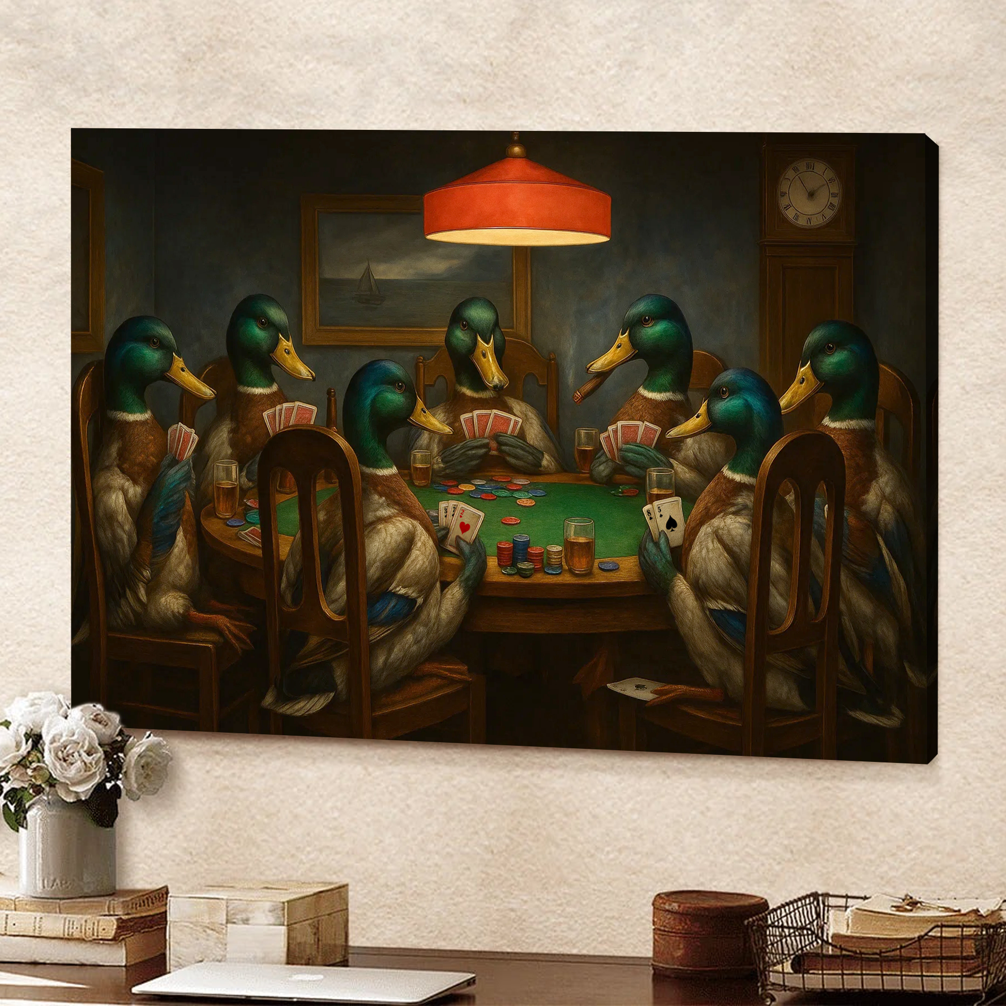 Funny Ducks Playing Poker Canvas Wall Art – Rustic Wildlife Game Night Decor – Perfect for Hunting Cabin or Man Cave