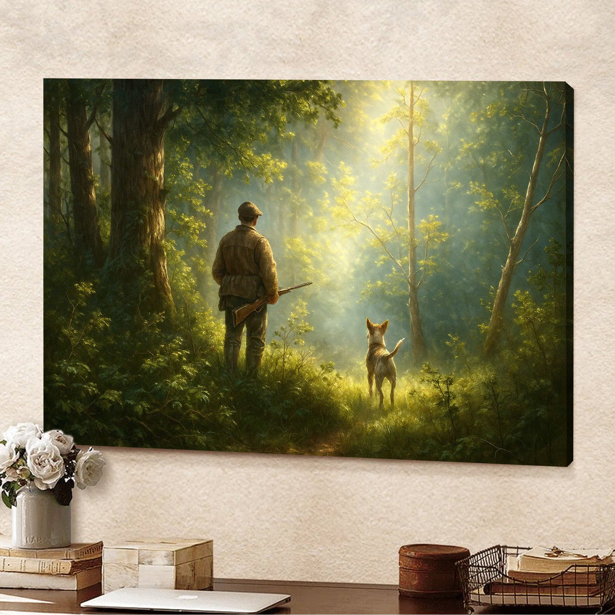Hunting Canvas Wall Art – Hunter and Dog in Sunlit Forest – Rustic Cabin Decor for Wildlife and Outdoor Enthusiasts