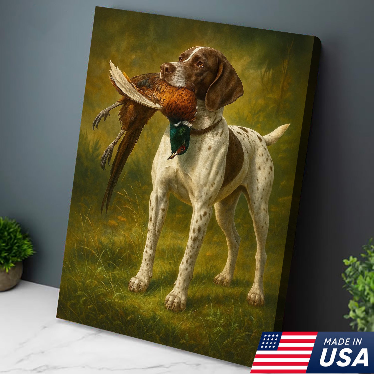 Hunting Dog Canvas Wall Art – Hunting Dog with Pheasant – Rustic Wildlife Canvas Print for Hunter Lodge Decor