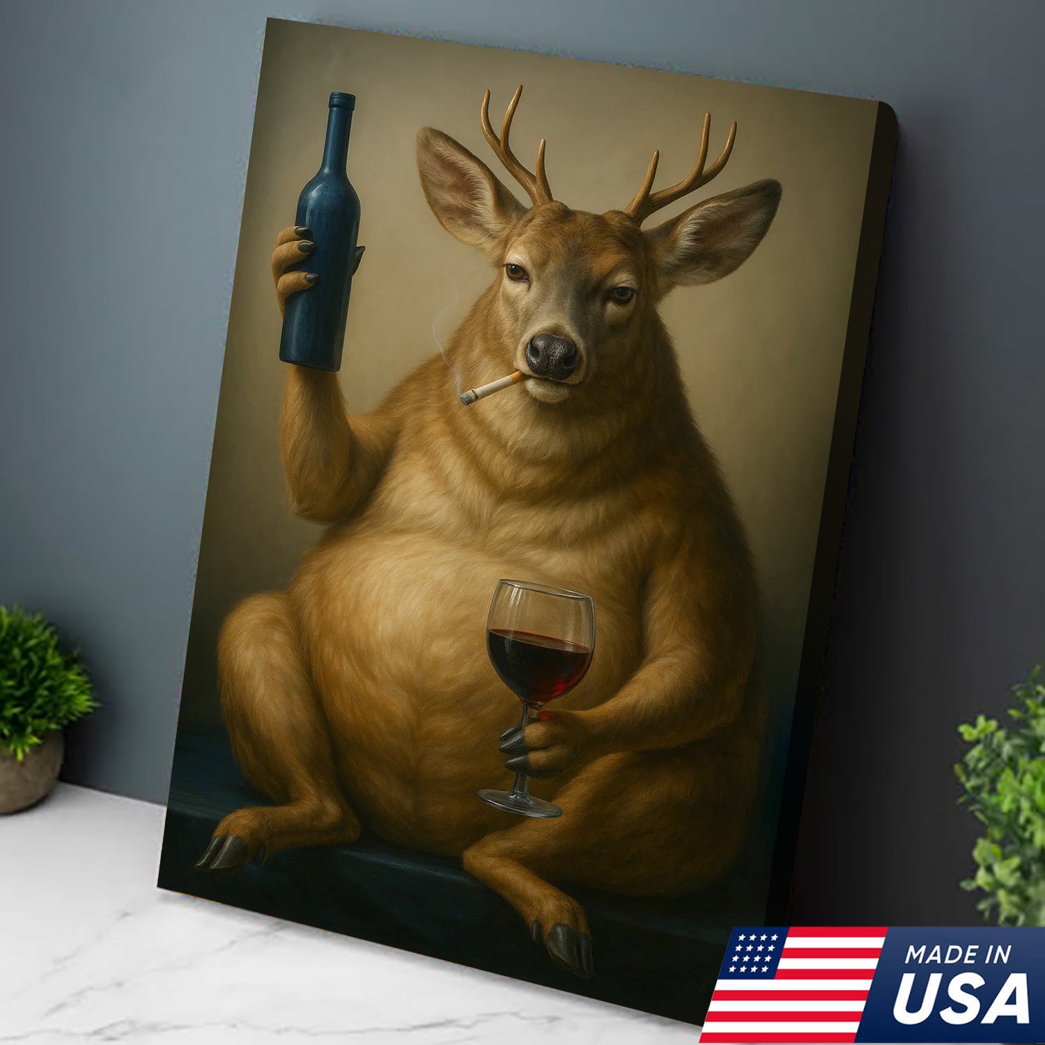 Funny Deer Wall Art Canvas – Fat Buck with Wine Glass Rustic Lodge Decor – Whimsical Wildlife Hunting Home Decoration