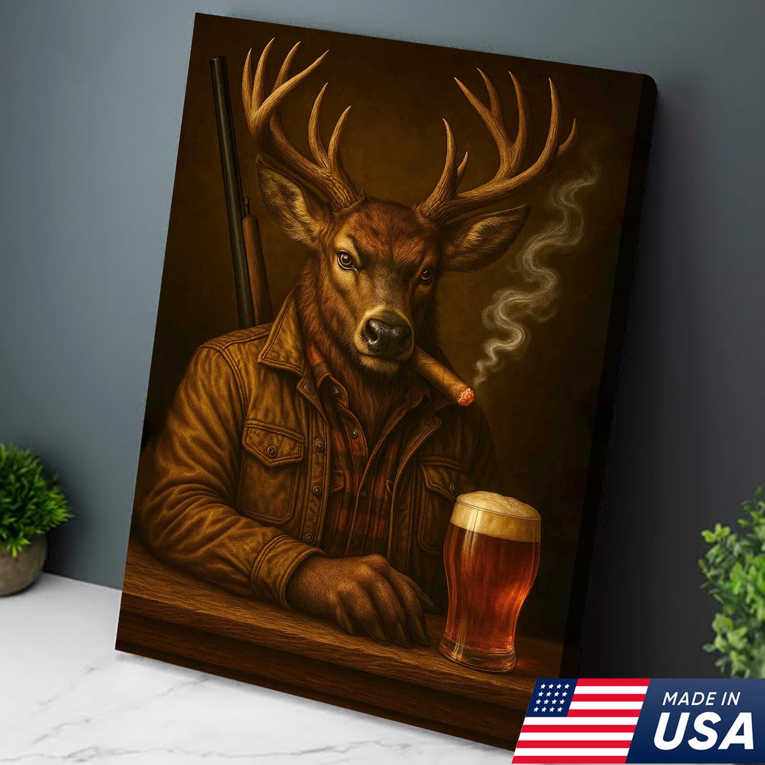 Majestic Deer Canvas Wall Art – Surreal Hunter Portrait with Beer Glass, Bold Rustic Decor