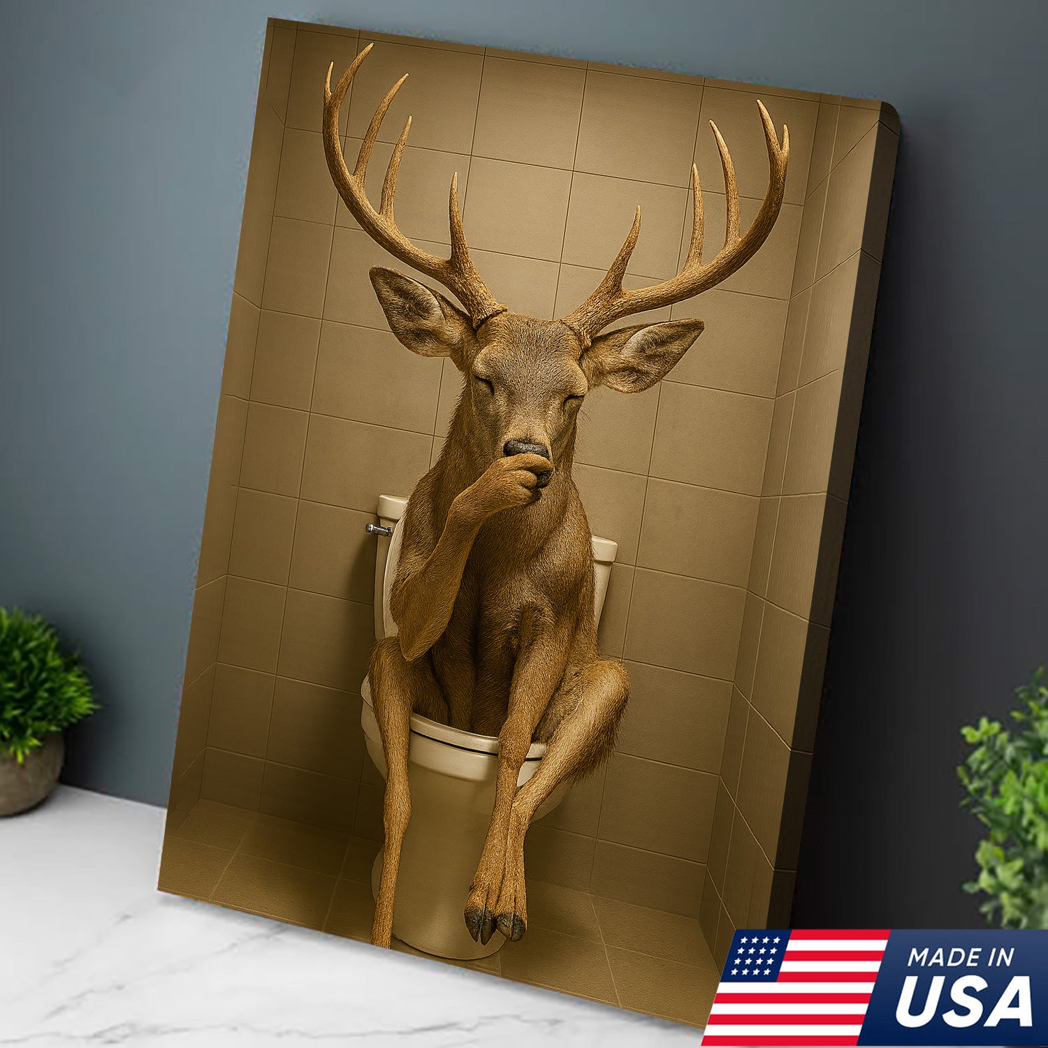 Funny Deer Bathroom Canvas Wall Art – Rustic Toilet Canvas for Cabin, Lodge & Man Cave Decor