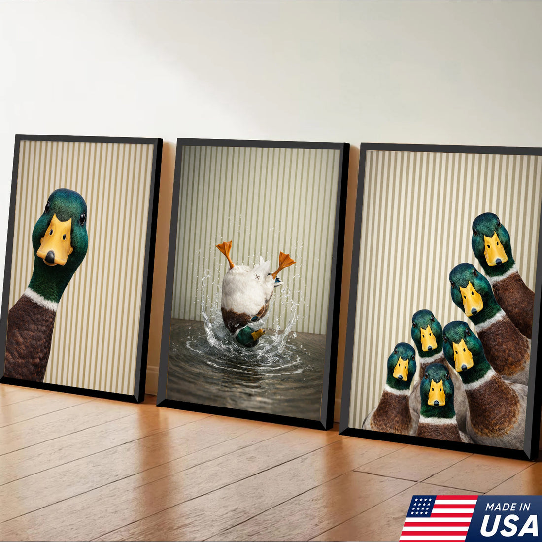 Funny Duck Wall Art Canvas Set, Whimsical Mallard Animal Triptych Print