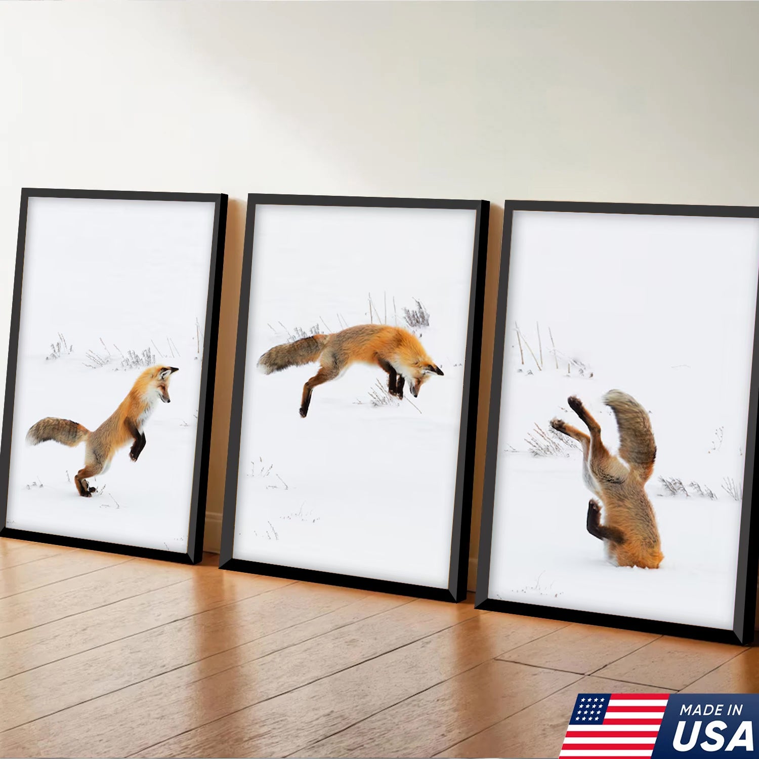 Funny Fox Snow Dive Triptych Canvas Wall Art Set, Playful Wildlife Winter Photography Prints