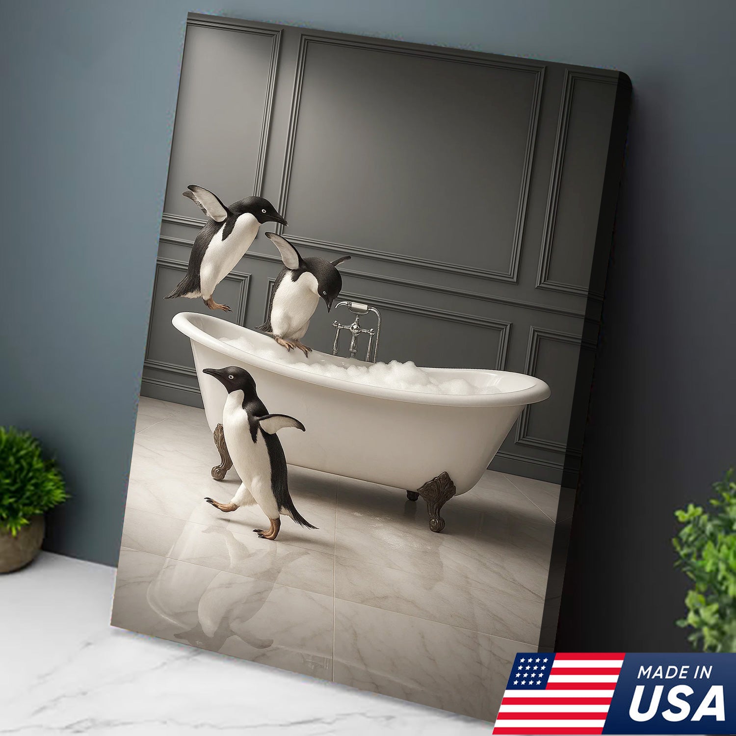Penguin Bathroom Wall Art Canvas, Cute Penguins Bubble Bath Kids Bathroom Decor
