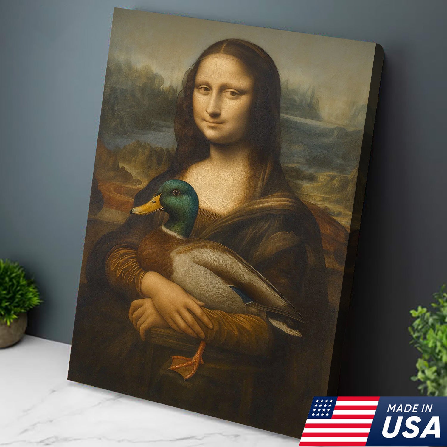 Funny Mona Lisa Duck Canvas Wall Art, Quirky Parody Painting Print for Bathroom or Office