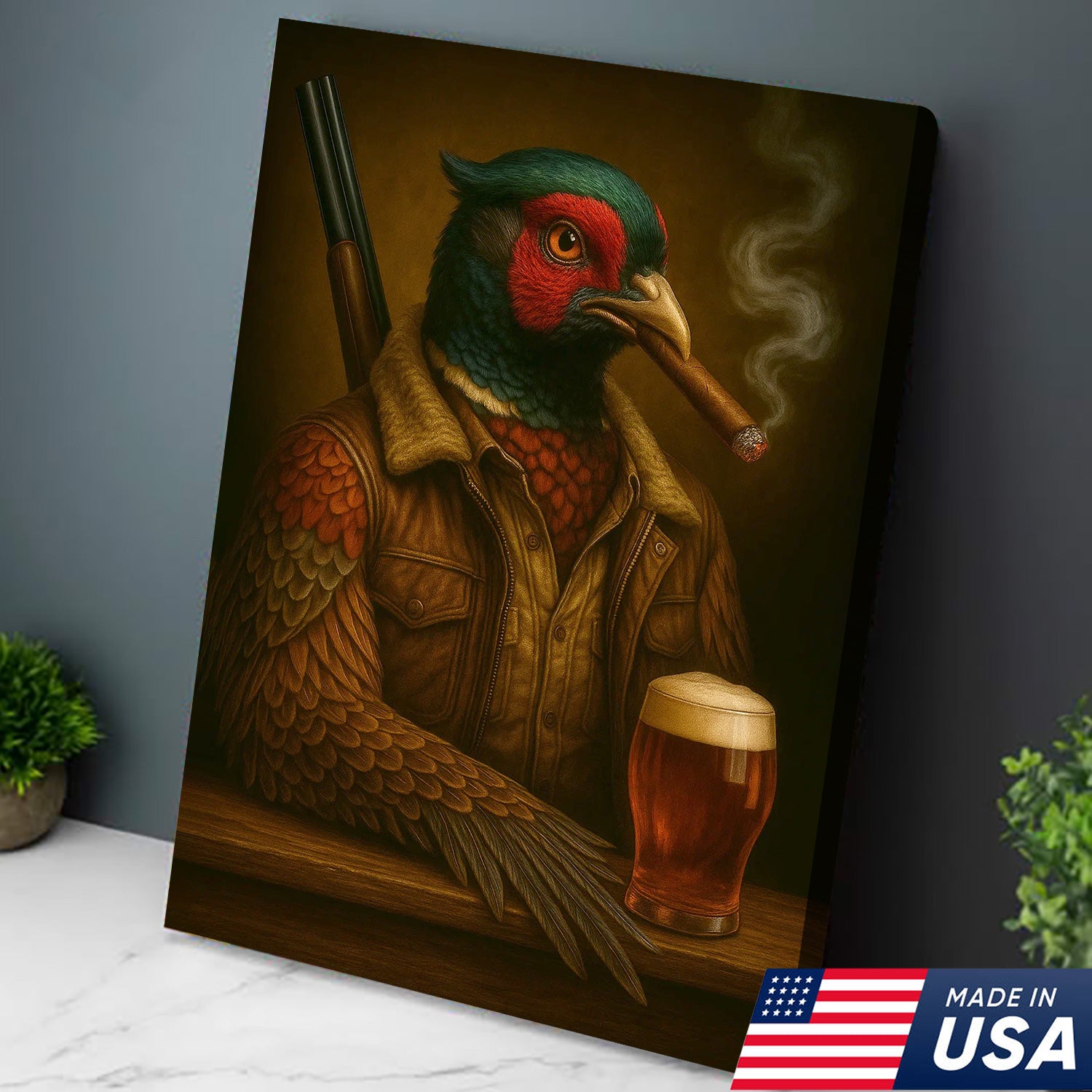 Wild Pheasant Canvas Wall Art – Surreal Hunter Portrait with Beer Glass, Bold Rustic Decor