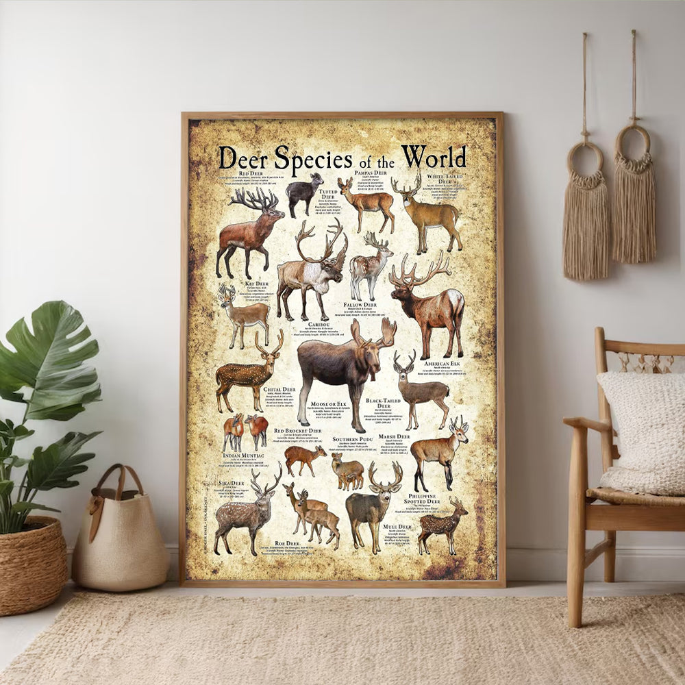 Deer Species of the World Poster Canvas - Guide for Hunting Enthusiasts, Featuring 20+ Deer Species and Their Unique Characteristics