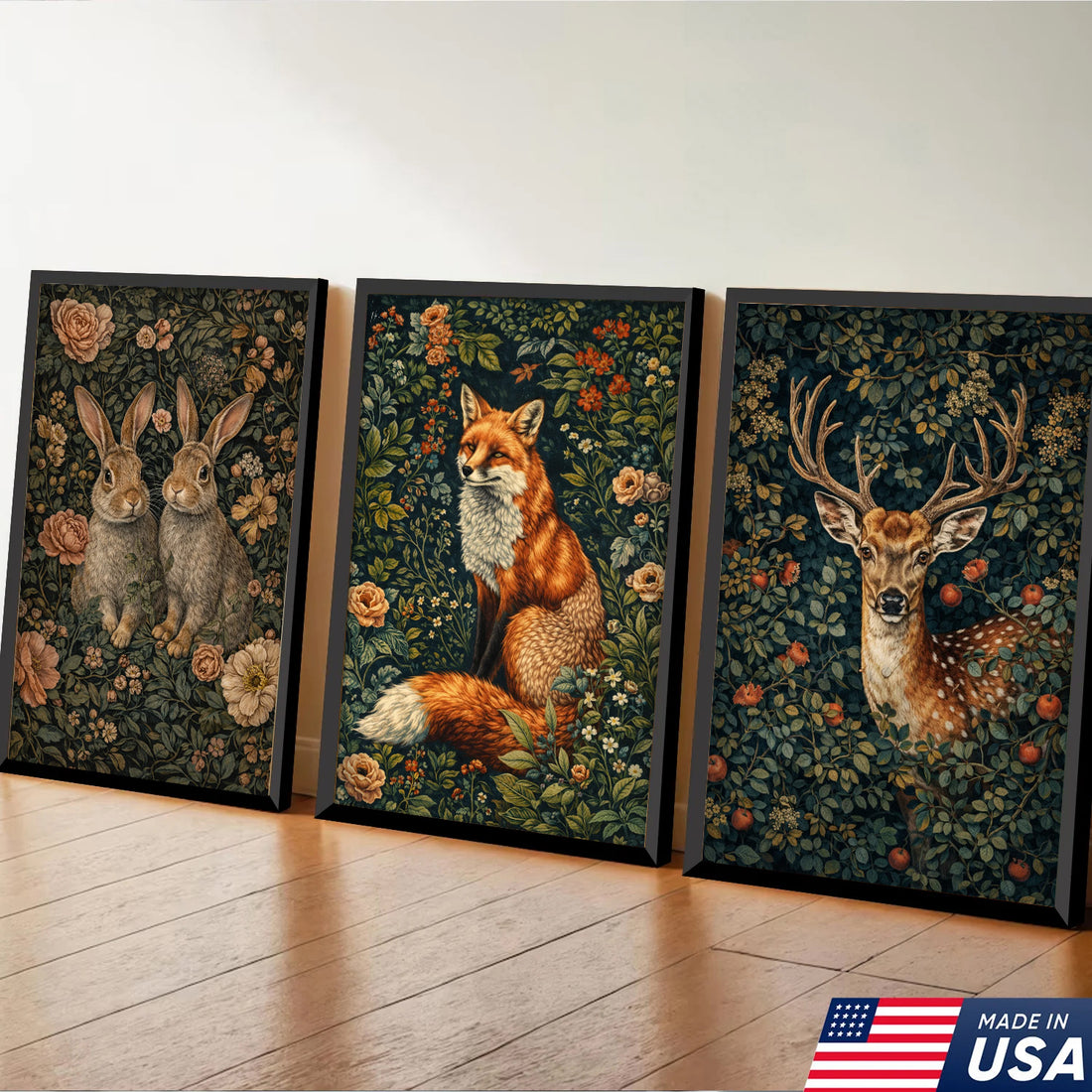 Woodland Floral Animals Triptych Canvas Wall Art Set, Vintage Botanical Fox Rabbit Deer Prints