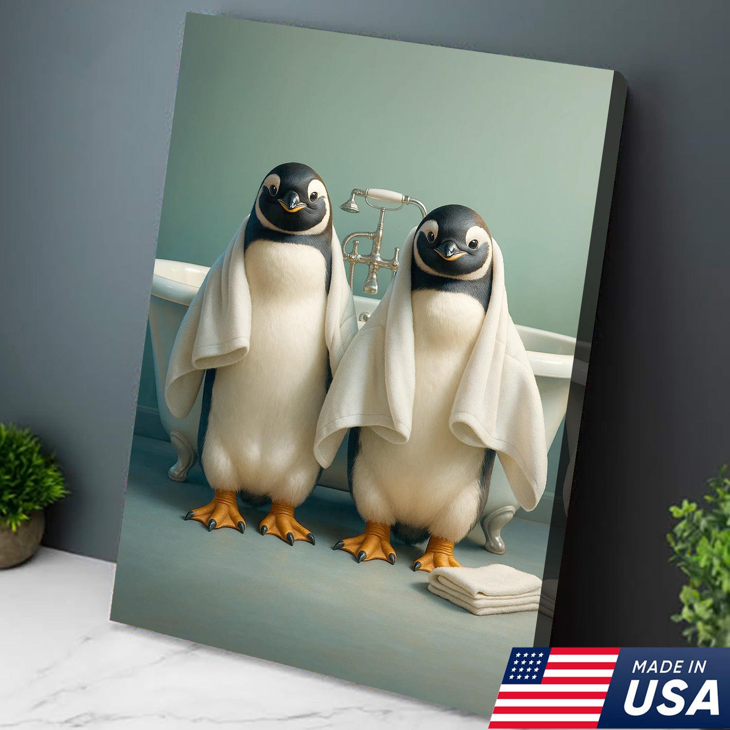 Cute Penguin Twins Bathroom Wall Art Canvas, Adorable Towel Penguins Kids Bath Decor
