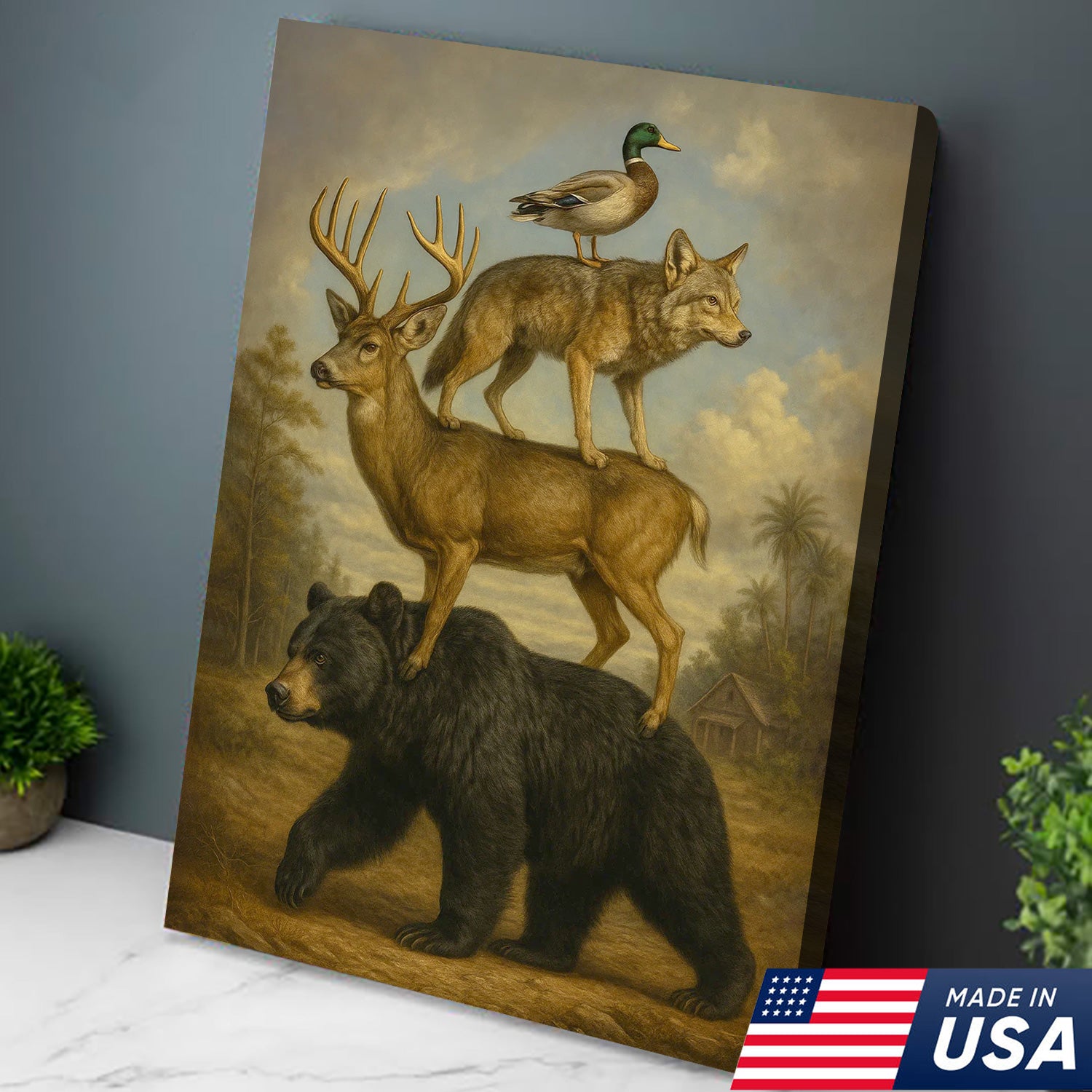Epic Wildlife Stacking Canvas Wall Art – Bear, Deer, Coyote & Duck – Rustic Hunting Cabin Decor