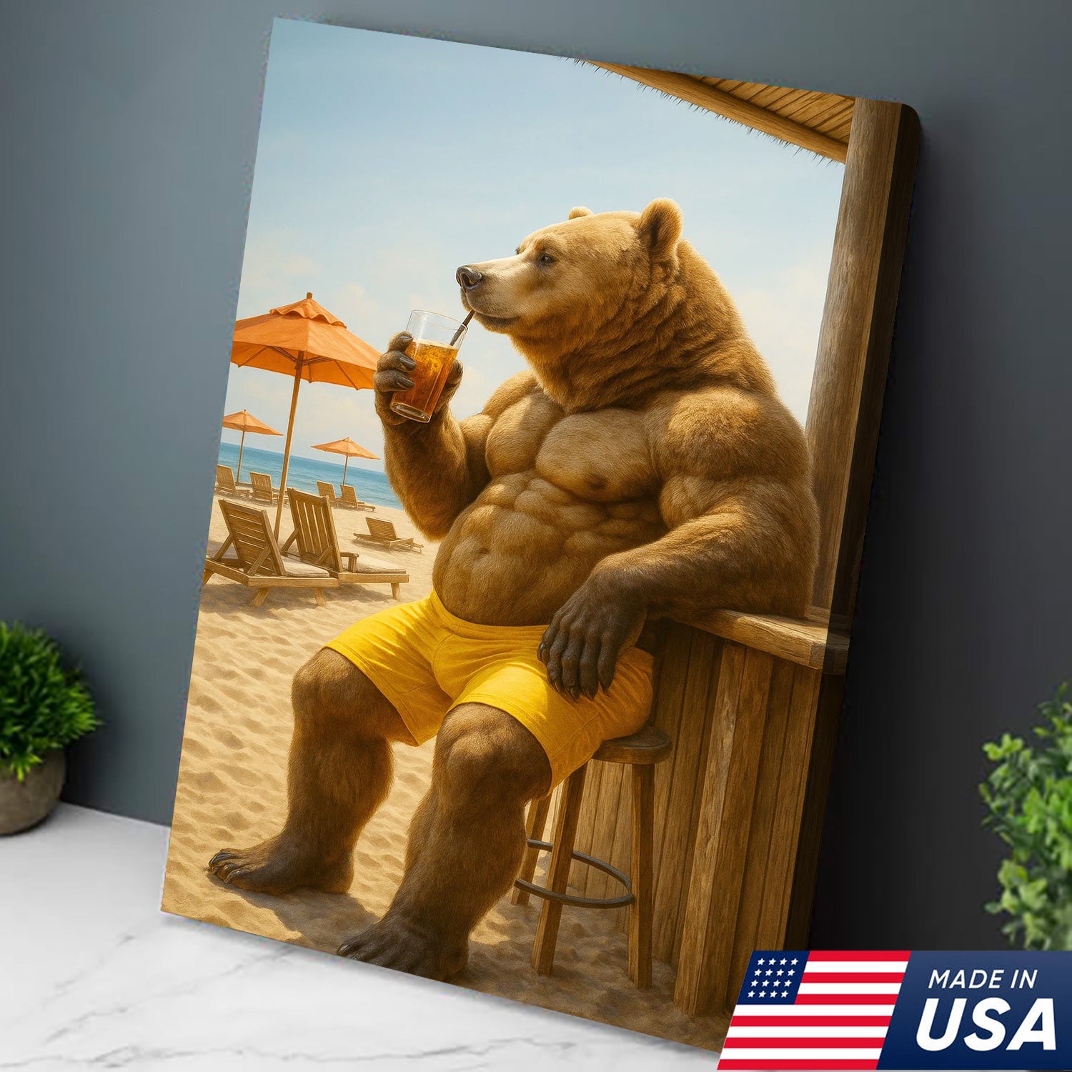 Funny Beach Bear Canvas Wall Art, Summer Vacation Animal Artwork, Humorous Muscle Bear Decor, Tropical Coastal Cabin Painting