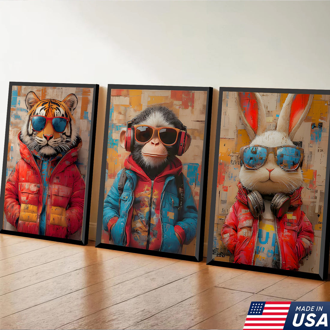 Urban Cool Animals Triptych Canvas Wall Art Set, Tiger Monkey Rabbit Street Art Portraits