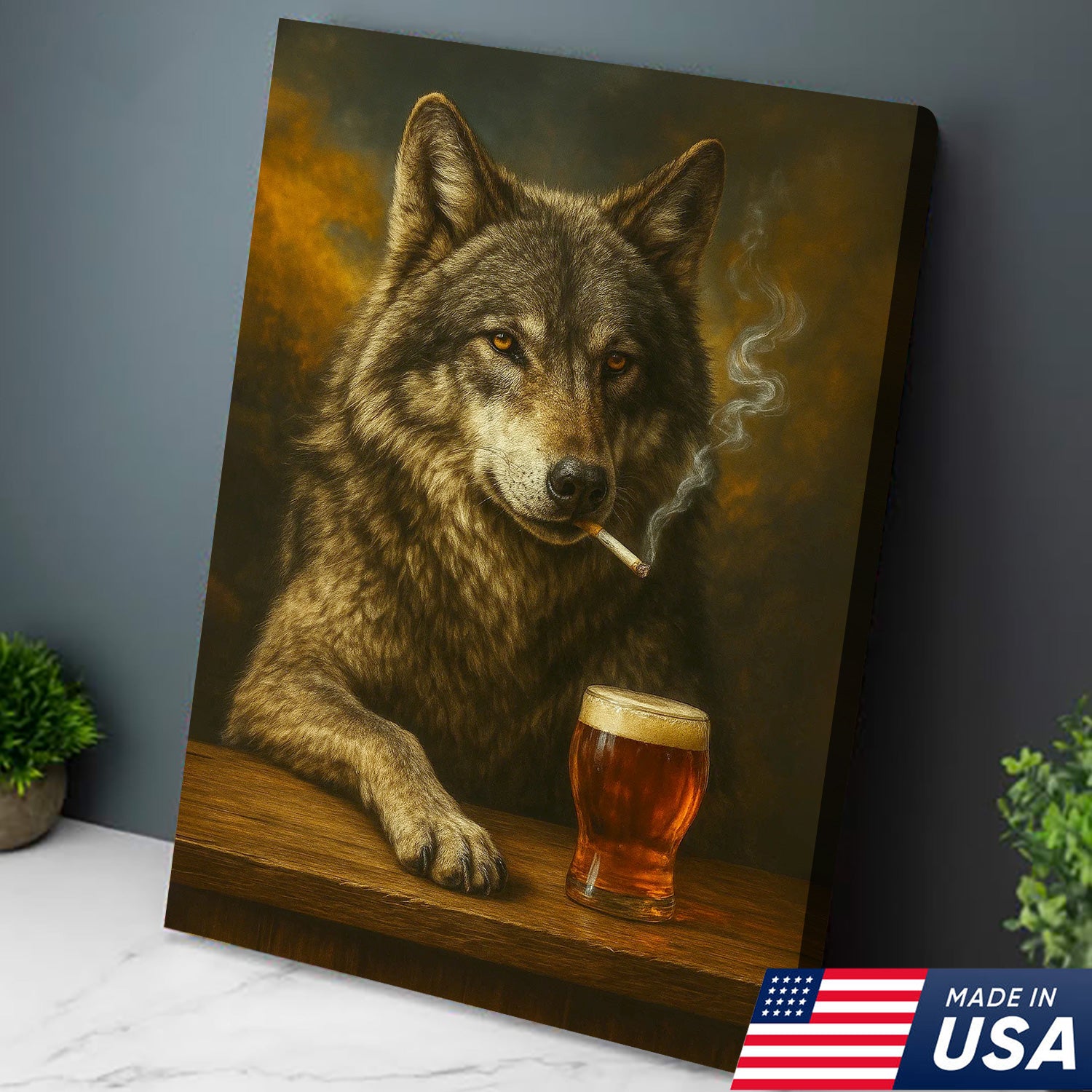 Rustic Gray Wolf Canvas Wall Art – Majestic Wildlife Bar Scene with Beer – Hunting Cabin Lodge Decor