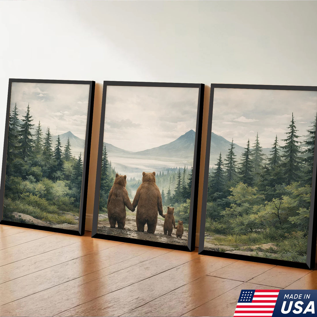 Bear Family Forest Triptych Canvas Wall Art Set, Peaceful Wildlife Landscape with Cubs, Warm Nature Inspired Living Room Home Decor Print