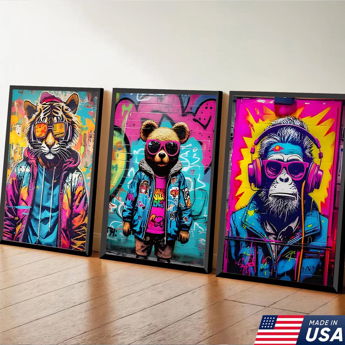 Neon Graffiti Animals Triptych Canvas Wall Art Set, Tiger Bear Gorilla Street Art Prints