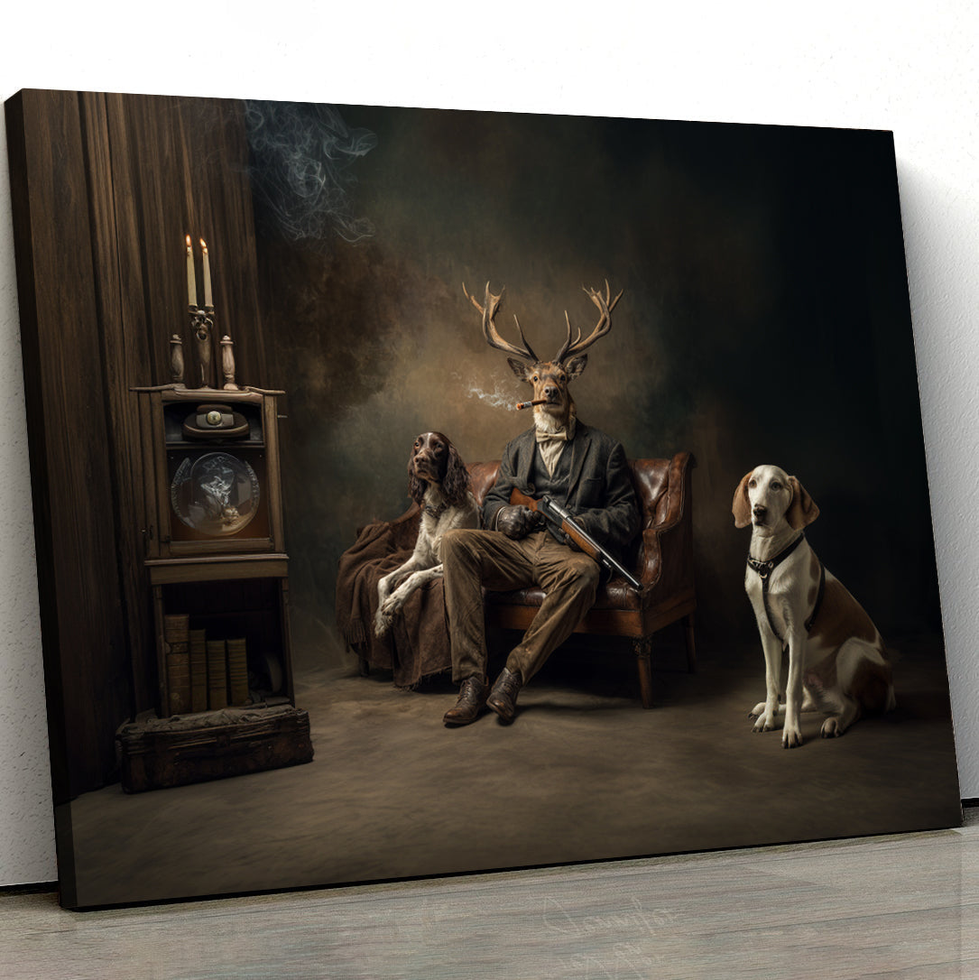 Vintage Style Hunting Deer with Dogs Canvas Print - Humorous Animal Art for Home Decor, Gifts for Hunter, Dad