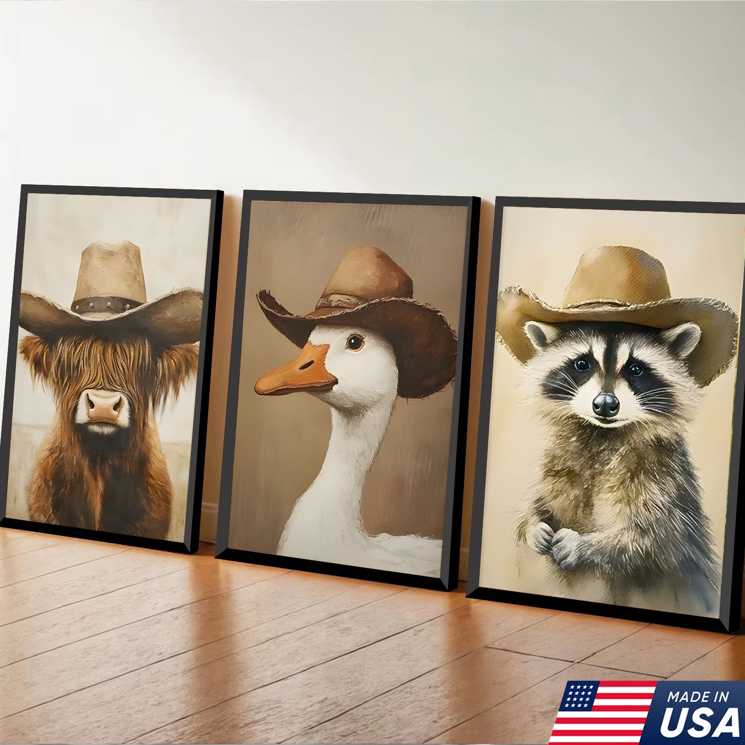 Western Farm Animal Trio Canvas Wall Art Set, Cowboy Duck Raccoon Highland Cow Portraits