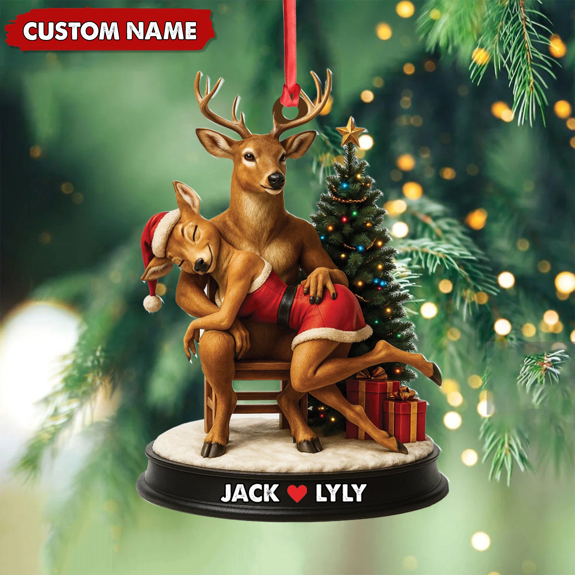Personalized Acrylic Deer Couple Christmas Ornament – Romantic Holiday Decor for Couples & Wildlife Lovers