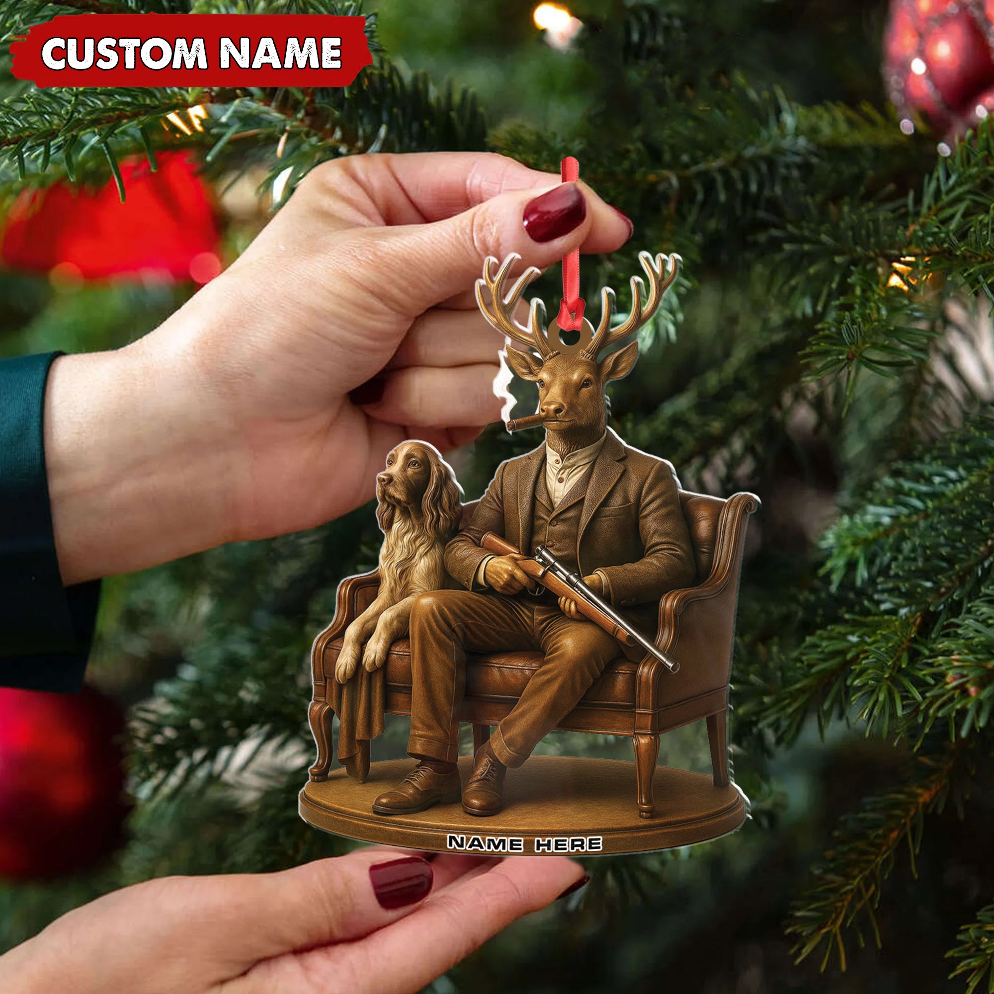 Personalized Acrylic Deer Christmas Ornament – Elegant Hunter Buck with Dog Holding Rifle Holiday Decor