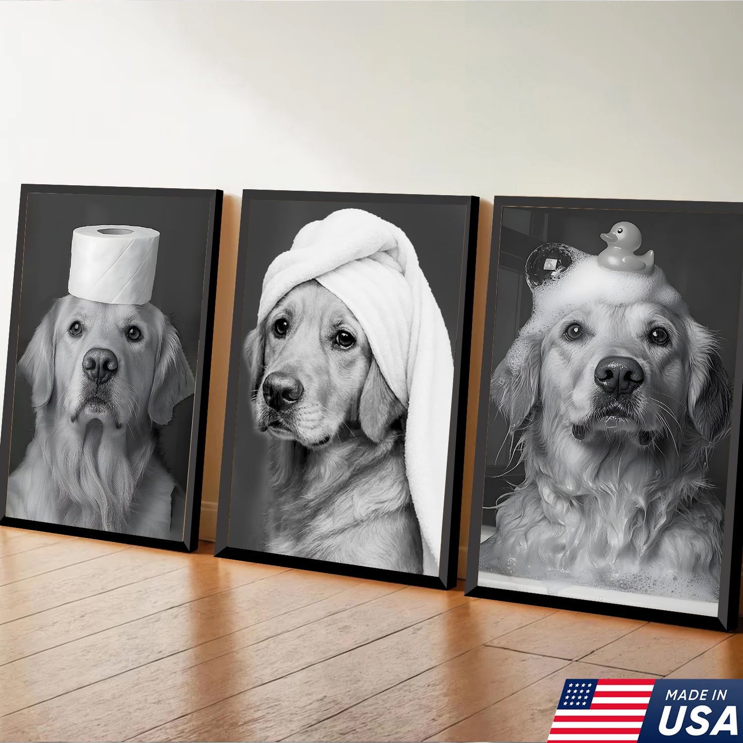 Funny Dog Bathroom Triptych Canvas Wall Art Set, Black and Golden Retriever Bath Humor