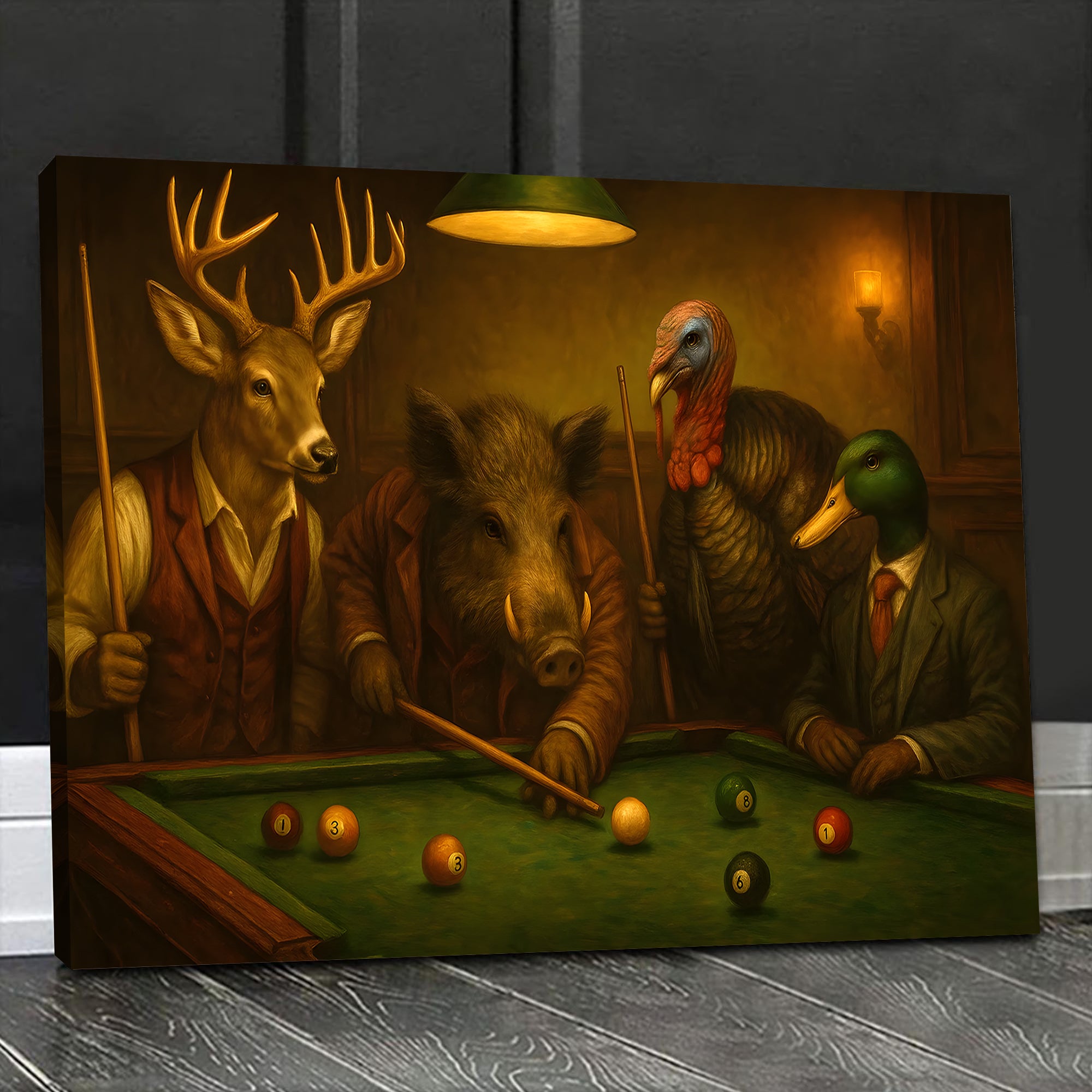 Hunter’s Billiard Crew Canvas Wall Art – Deer, Boar, Duck & Turkey Playing Pool – Rustic Hunting Cave & Lodge Decor