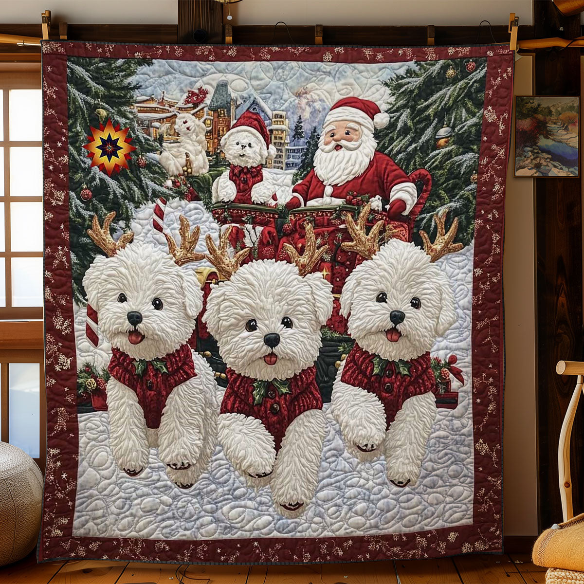 Bichon Frise Reindeer Crew Quilt Blanket